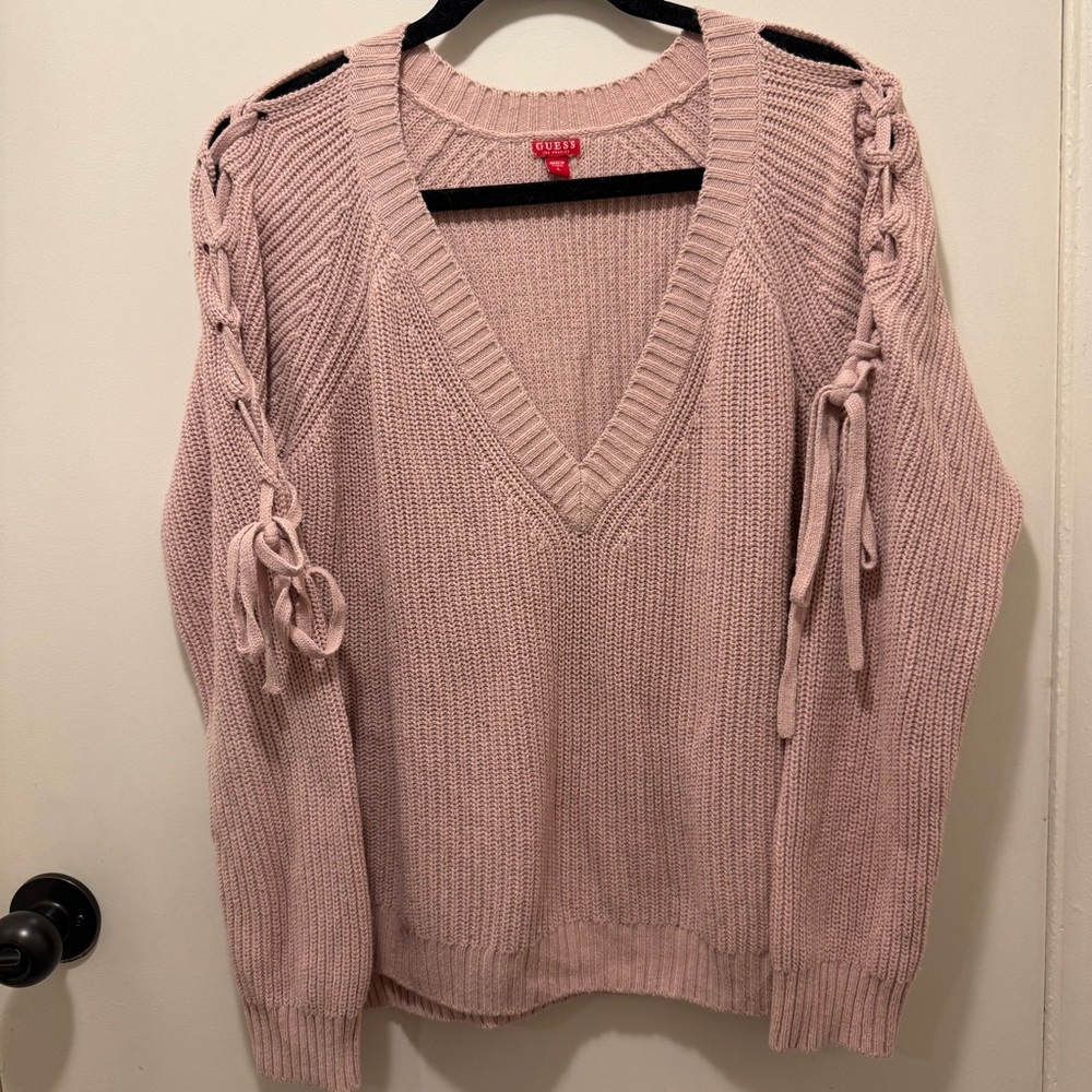 Guess Women's Blush V-Neck Sweater with Lace-Up Sleeves